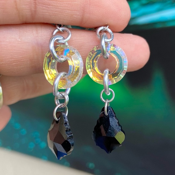 Iridescent rainbow Swarovski circle charms with black austrian crystals earrings - Picture 7 of 12
